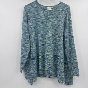 Coldwater Creek Top Women 1X Blue Green Yellow Long Sleeve Knit Round Neck